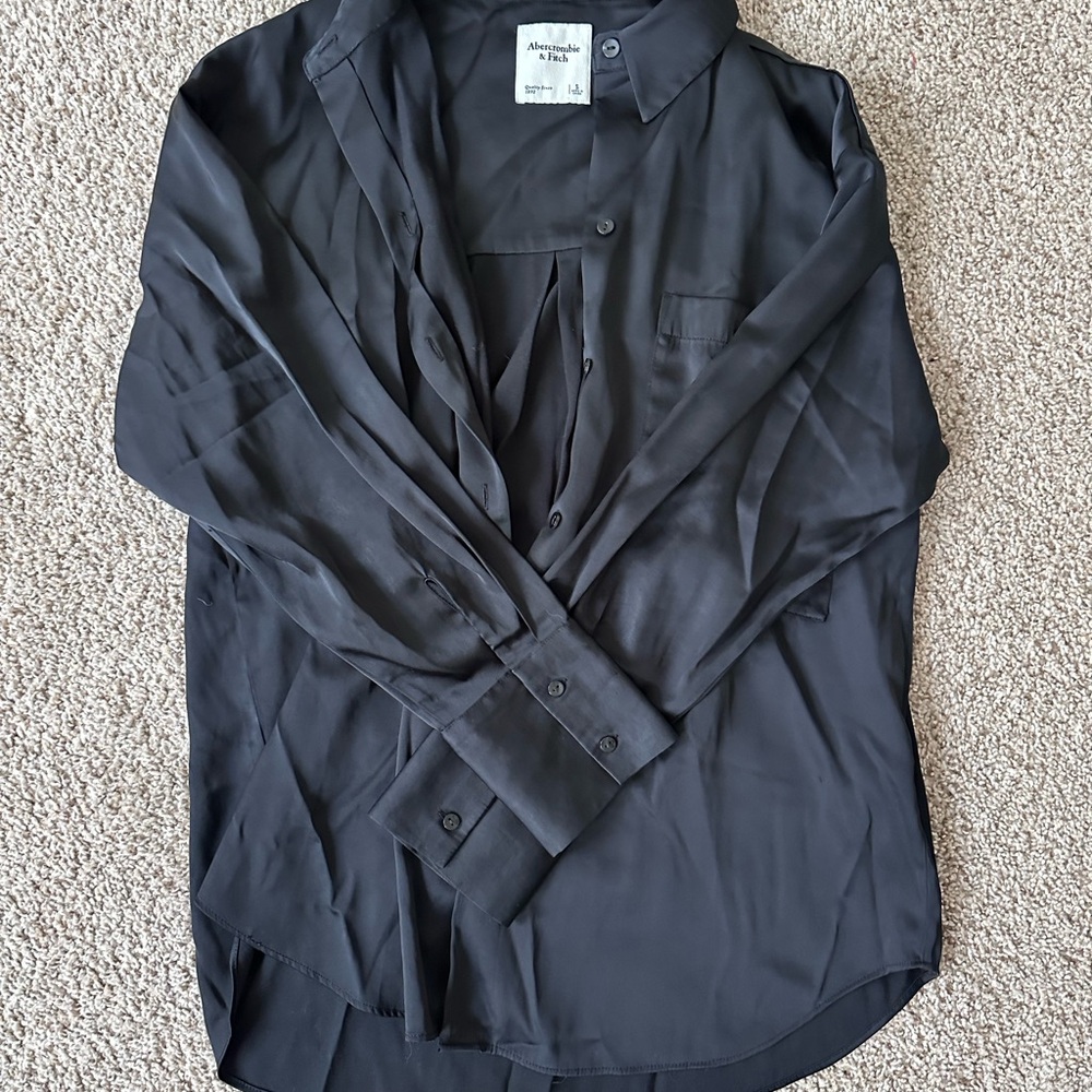 Abercrombie & Fitch Black Oversized Satin Button-Up Shirt